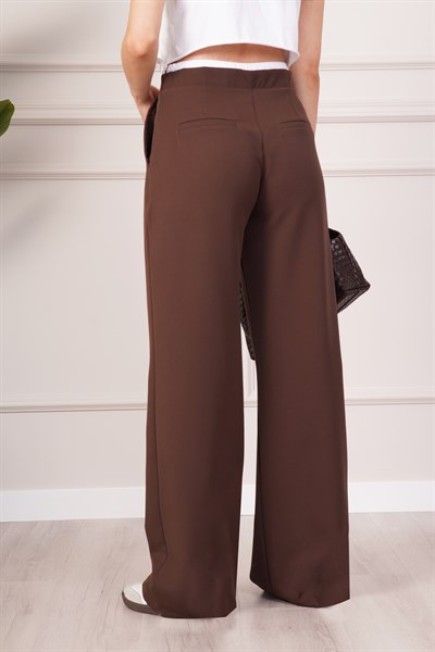 Bel Çift Bantlı Geniş Paça Kahve Pantolon