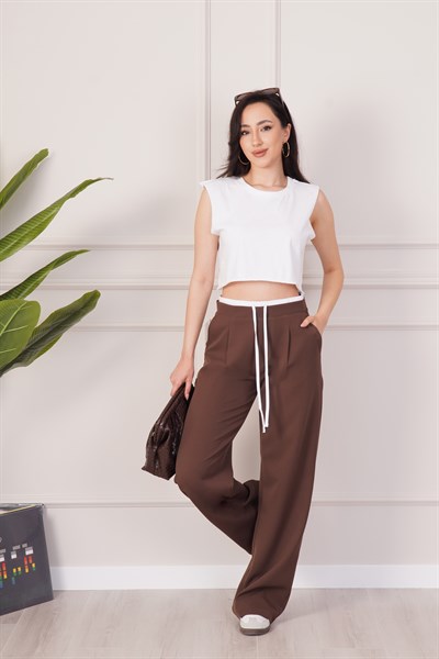 Bel Çift Bantlı Geniş Paça Kahve Pantolon
