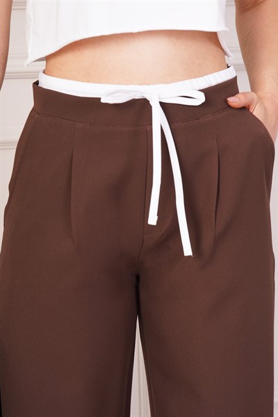Bel Çift Bantlı Geniş Paça Kahve Pantolon