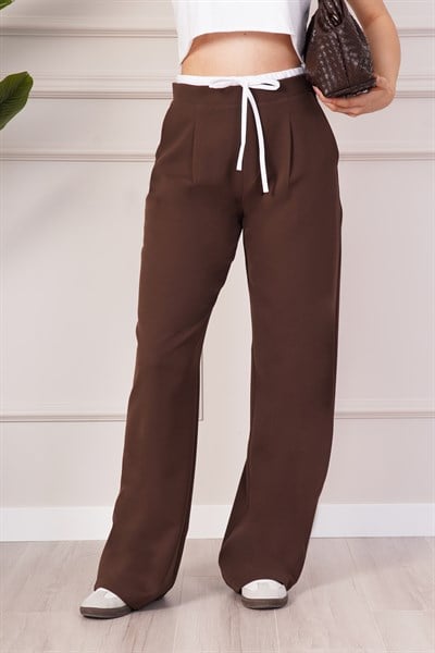 Bel Çift Bantlı Geniş Paça Kahve Pantolon