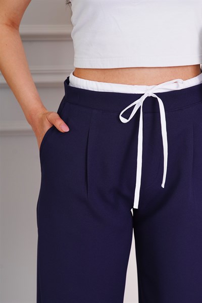 Bel Çift Bantlı Geniş Paça Lacivert Pantolon