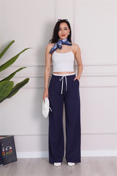 Bel Çift Bantlı Geniş Paça Lacivert Pantolon