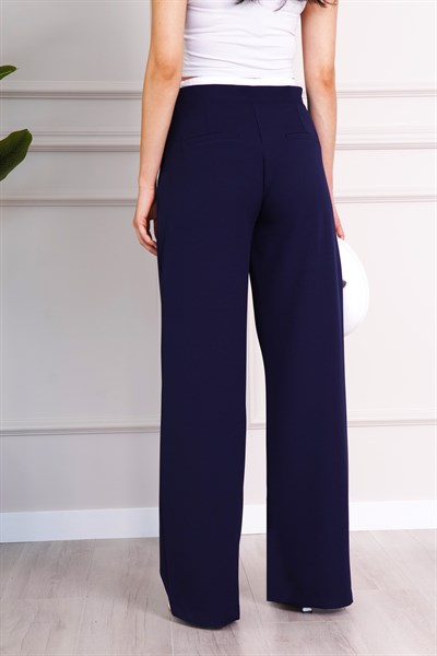 Bel Çift Bantlı Geniş Paça Lacivert Pantolon