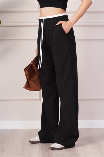 Bel Çift Bantlı Geniş Paça Siyah Pantolon