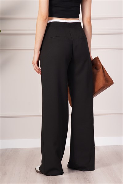 Bel Çift Bantlı Geniş Paça Siyah Pantolon
