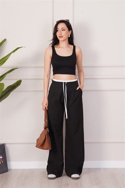 Bel Çift Bantlı Geniş Paça Siyah Pantolon