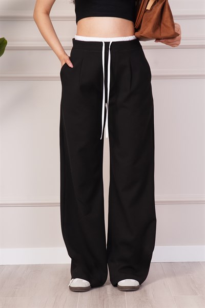 Bel Çift Bantlı Geniş Paça Siyah Pantolon