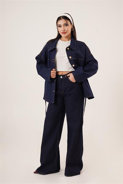 Bel Kuşaklı Cepli Düğme Detaylı Kot Ceket