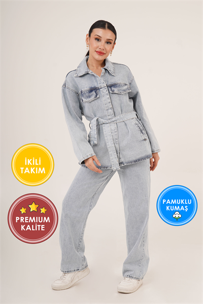 Bel Kuşaklı Ceket ve Pantolon İkili Jean Mavi Takım
