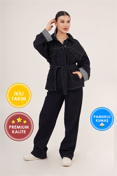 Bel Kuşaklı Ceket ve Pantolon İkili Jean Lacivert Takım