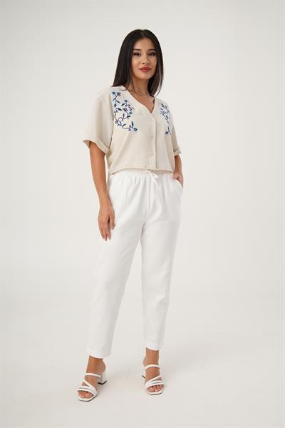 Bel Lastikli Gabardin Beyaz Pantolon