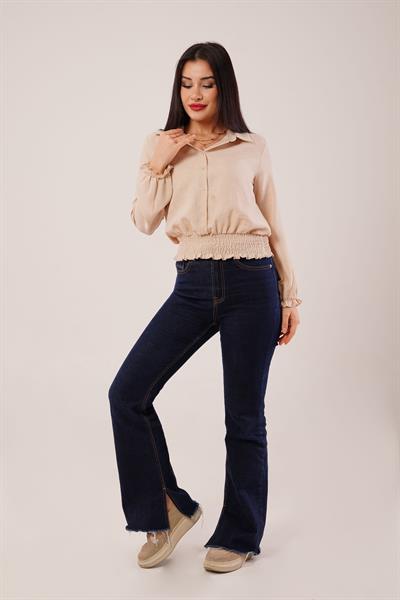 Bel ve Bilek Lastikli Bej Bluz