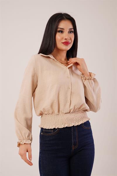 Bel ve Bilek Lastikli Bej Bluz