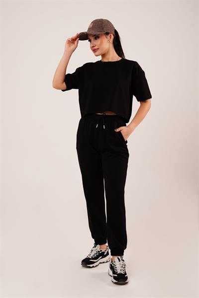 Bel ve Paça Lastikli Modal Siyah Eşofman Altı