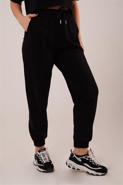 Bel ve Paça Lastikli Modal Siyah Eşofman Altı