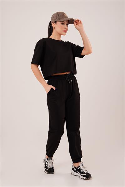 Bel ve Paça Lastikli Modal Siyah Eşofman Altı