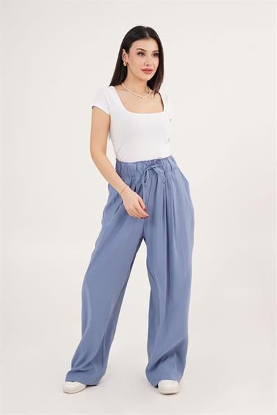 Belden Bağlama Detay Geniş Paça İndigo Pantolon