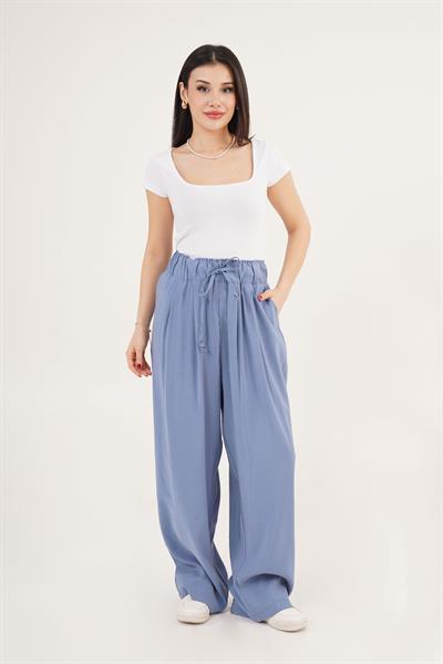 Belden Bağlama Detay Geniş Paça İndigo Pantolon