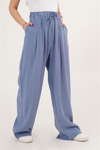 Belden Bağlama Detay Geniş Paça İndigo Pantolon