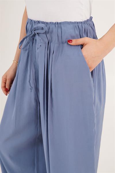 Belden Bağlama Detay Geniş Paça İndigo Pantolon