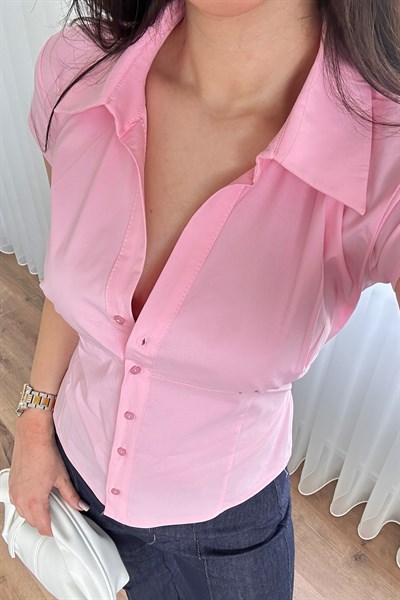 Belden Oturtmalı Bağcık Bağlamalı Pembe Gömlek