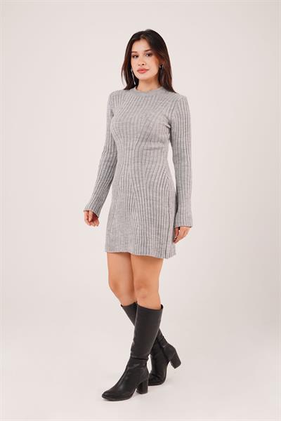 Belden Oturtmalı Gri Kısa Triko Elbise