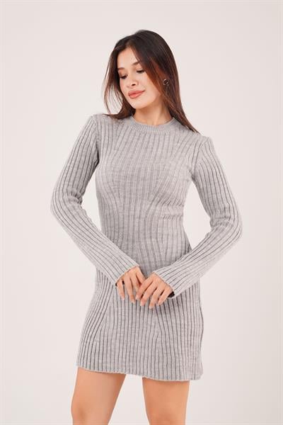 Belden Oturtmalı Gri Kısa Triko Elbise
