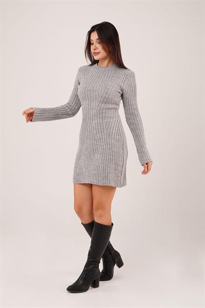 Belden Oturtmalı Gri Kısa Triko Elbise