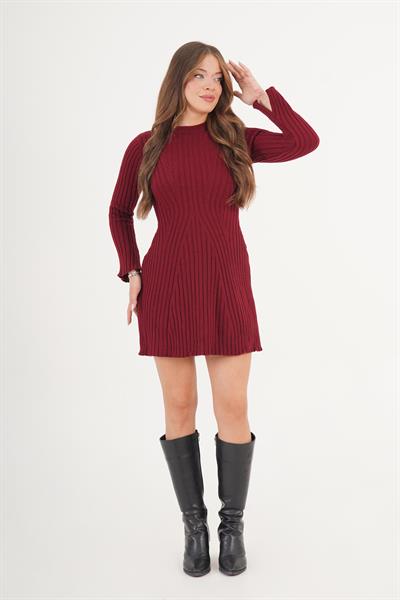 Belden Oturtmalı Kısa Bordo Triko Elbise