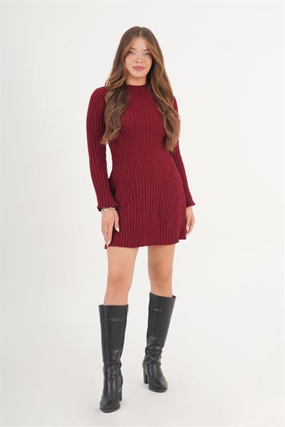 Belden Oturtmalı Kısa Bordo Triko Elbise