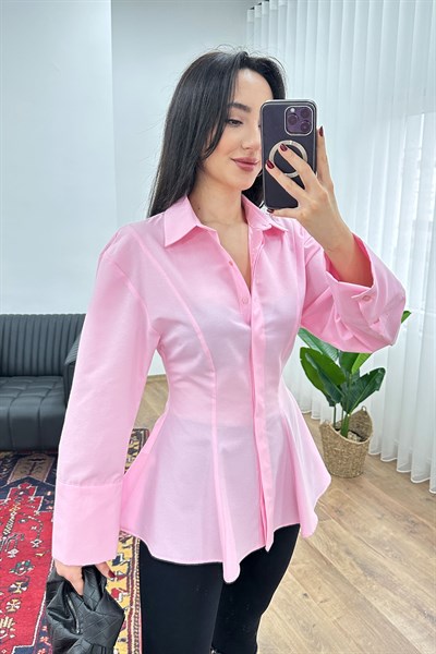 Belden Oturtmalı Kloş Kesim Pembe  Kadın Gömlek