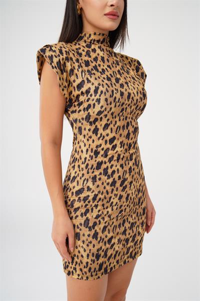 Belden Oturtmalı Omuz Vatkalı Leopar Elbise