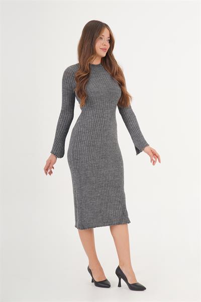 Belden Oturtmalı Uzun Antrasit Triko Elbise