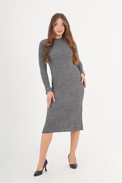Belden Oturtmalı Uzun Antrasit Triko Elbise