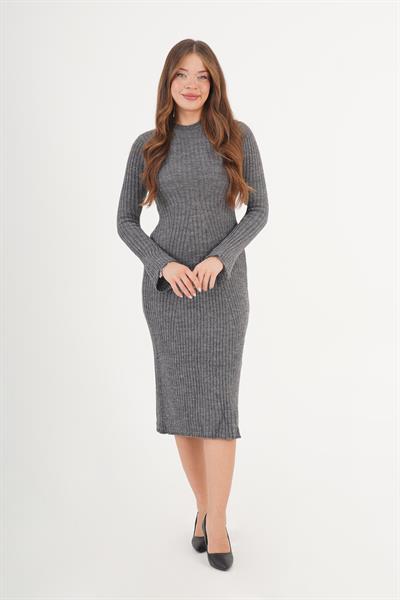 Belden Oturtmalı Uzun Antrasit Triko Elbise