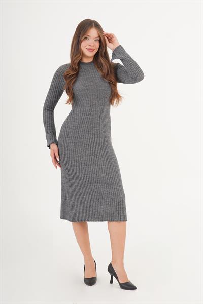 Belden Oturtmalı Uzun Antrasit Triko Elbise