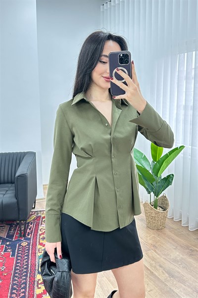 Belden Tam Oturtmalı Gipeli Mevsimlik Haki Gömlek