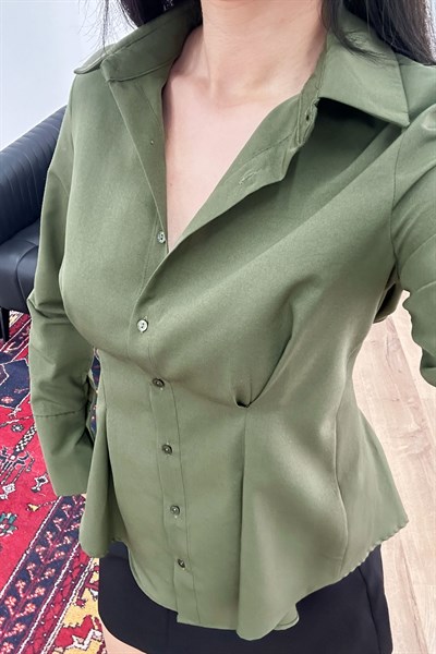 Belden Tam Oturtmalı Gipeli Mevsimlik Haki Gömlek