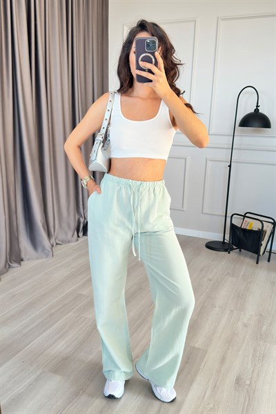 Beli Bağcık Bağlamalı Mint Keten Pantolon
