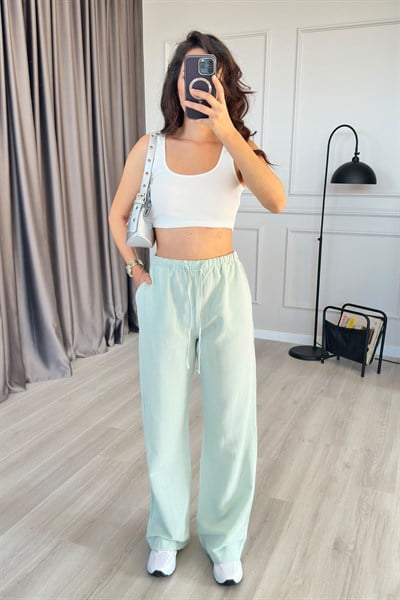 Beli Bağcık Bağlamalı Mint Keten Pantolon
