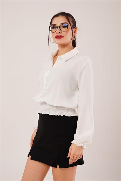 Bel ve Bilek Lastikli Beyaz Bluz