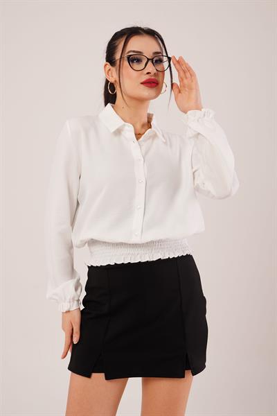 Bel ve Bilek Lastikli Beyaz Bluz