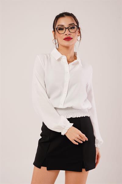 Bel ve Bilek Lastikli Beyaz Bluz