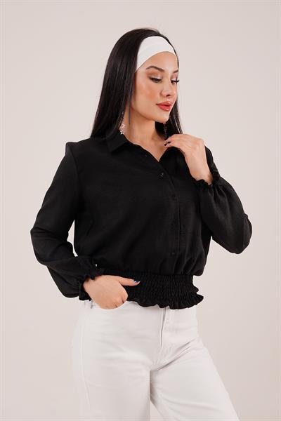 Bel ve Bilek Lastikli Siyah Bluz	