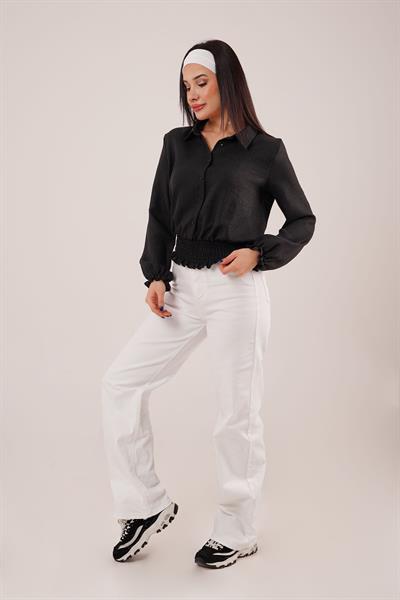 Bel ve Bilek Lastikli Siyah Bluz	