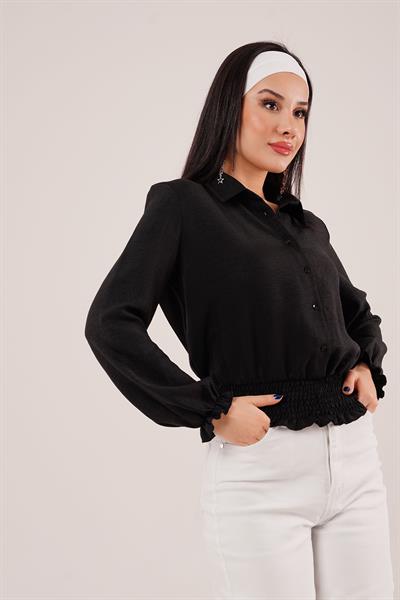 Bel ve Bilek Lastikli Siyah Bluz	