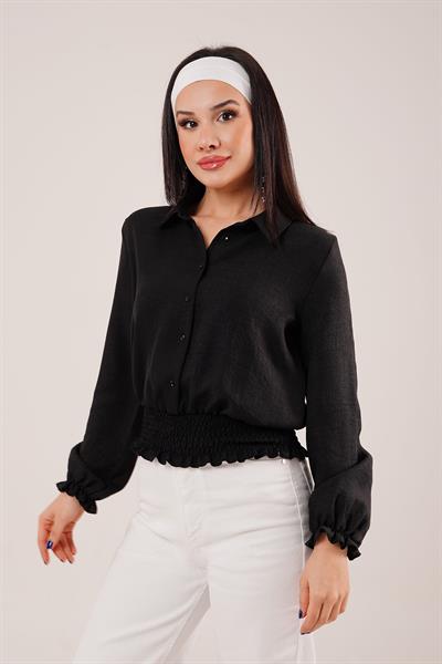 Bel ve Bilek Lastikli Siyah Bluz	