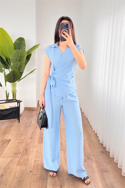 Beli Kuşak Bağlamalı Bluz Pantolon Bebe Mavisi Takım