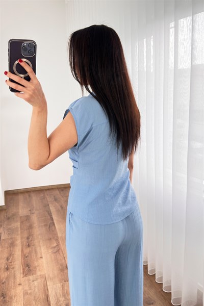 Beli Kuşak Bağlamalı Bluz Pantolon Bebe Mavisi Takım