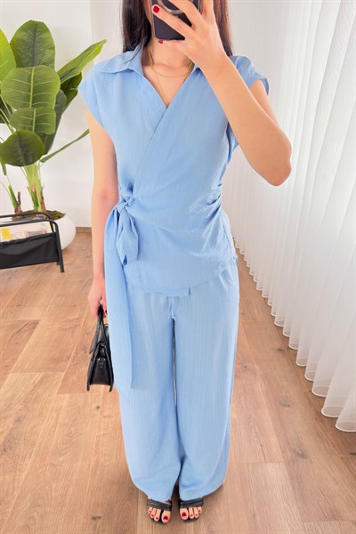 Beli Kuşak Bağlamalı Bluz Pantolon Bebe Mavisi Takım